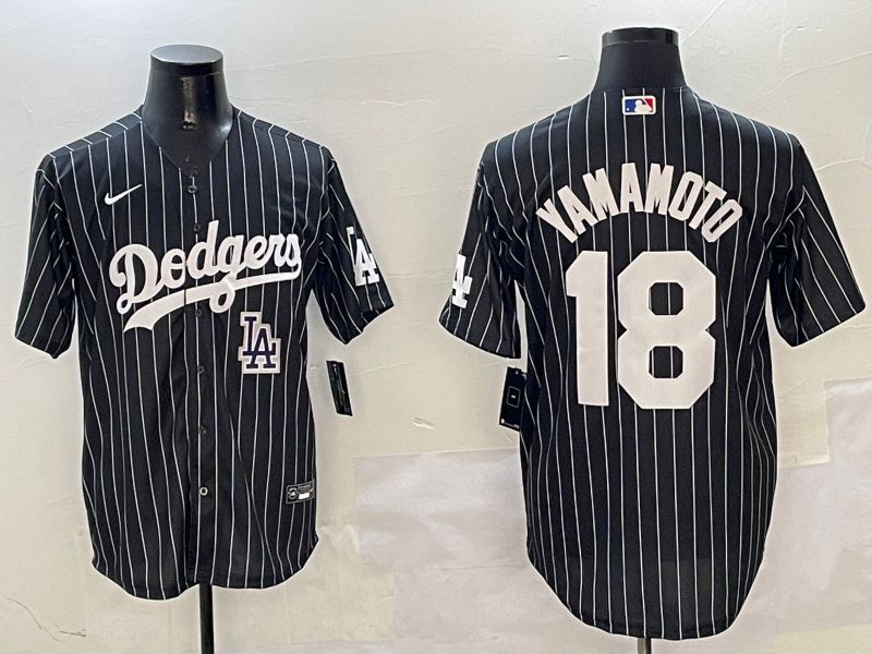 Men Los Angeles Dodgers #18 Yamamoto Black Stripe Jointly Name 2025 Nike MLB Jersey style 1